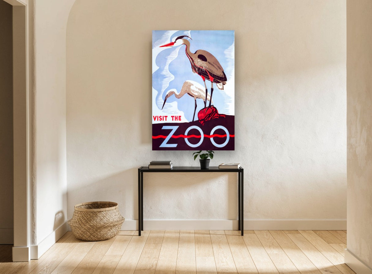 Herons Visit the Zoo vintage canvas print on the wall of a hallway