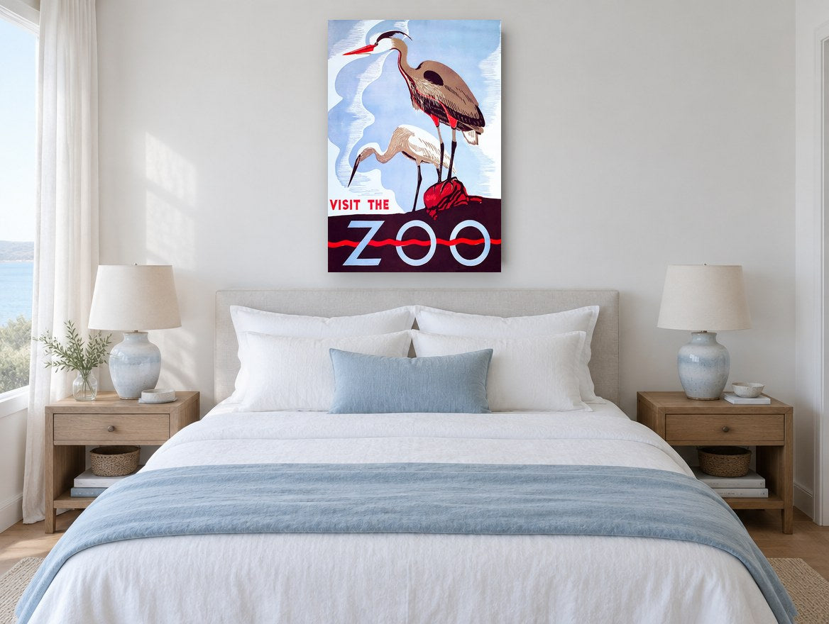 Herons Visit the Zoo vintage canvas print on the wall of a coastal bedroom