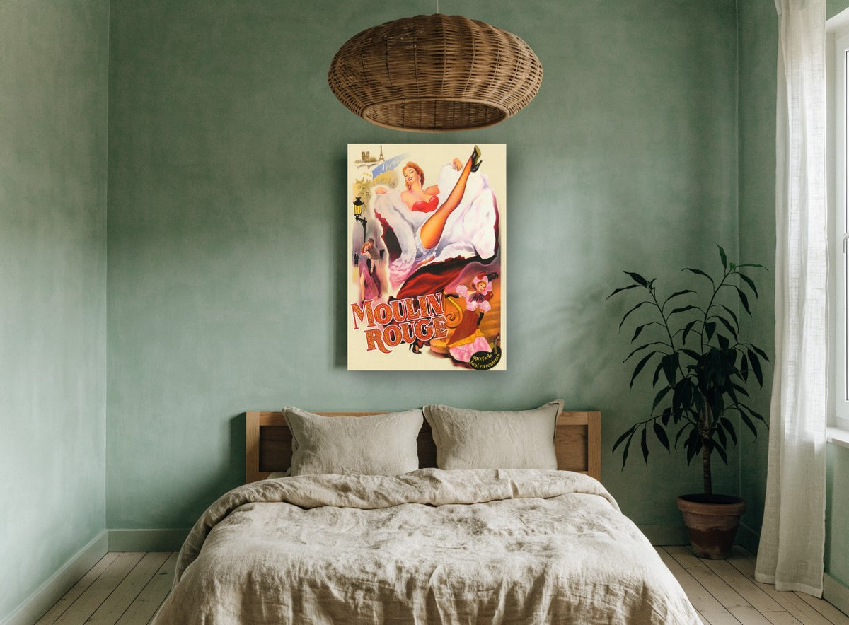 Moulin Rouge Can-Can vintage canvas print on the wall of a bedroom