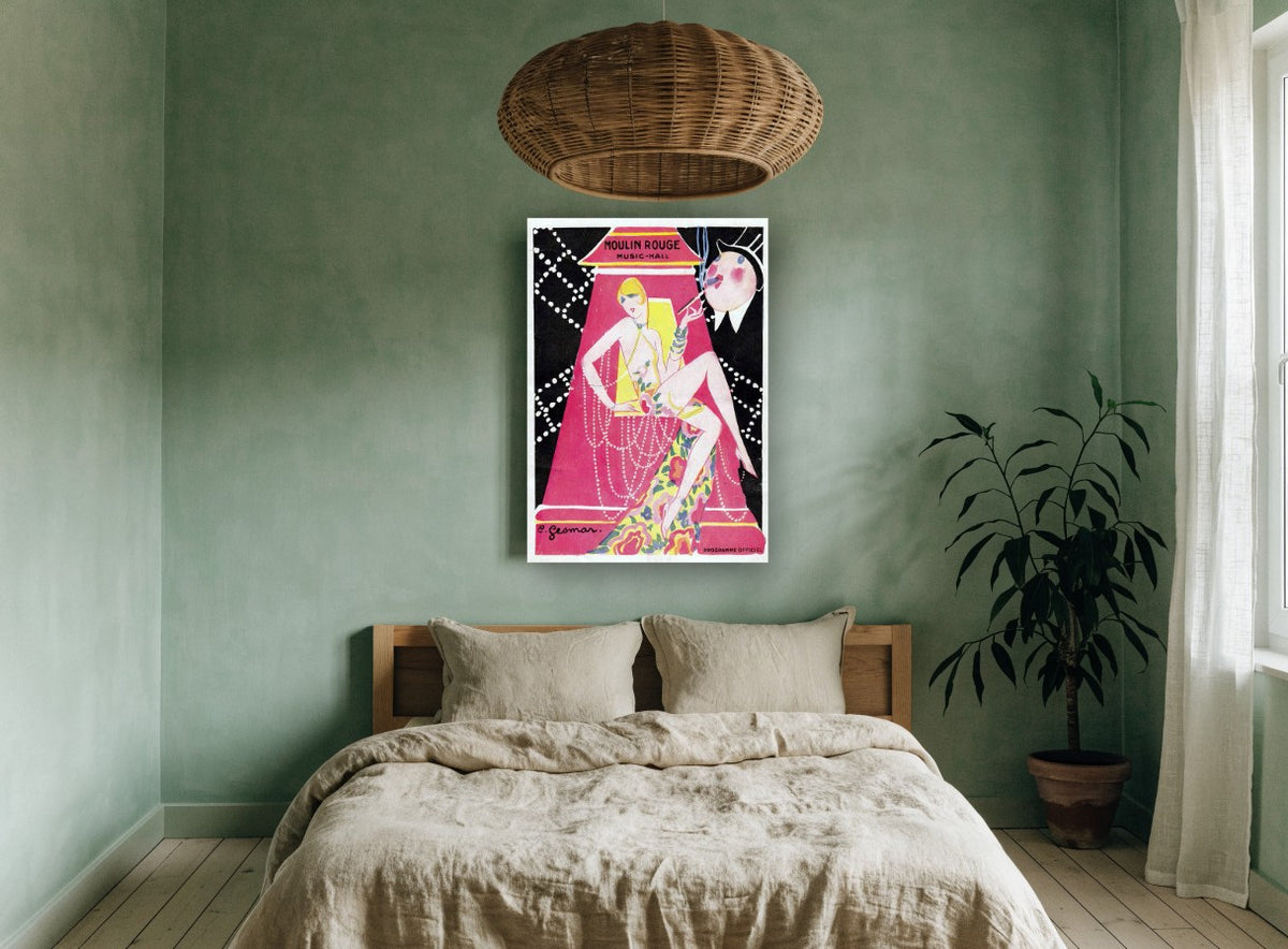 Pink Lamp Showgirl vintage canvas print on the wall of a bedroom