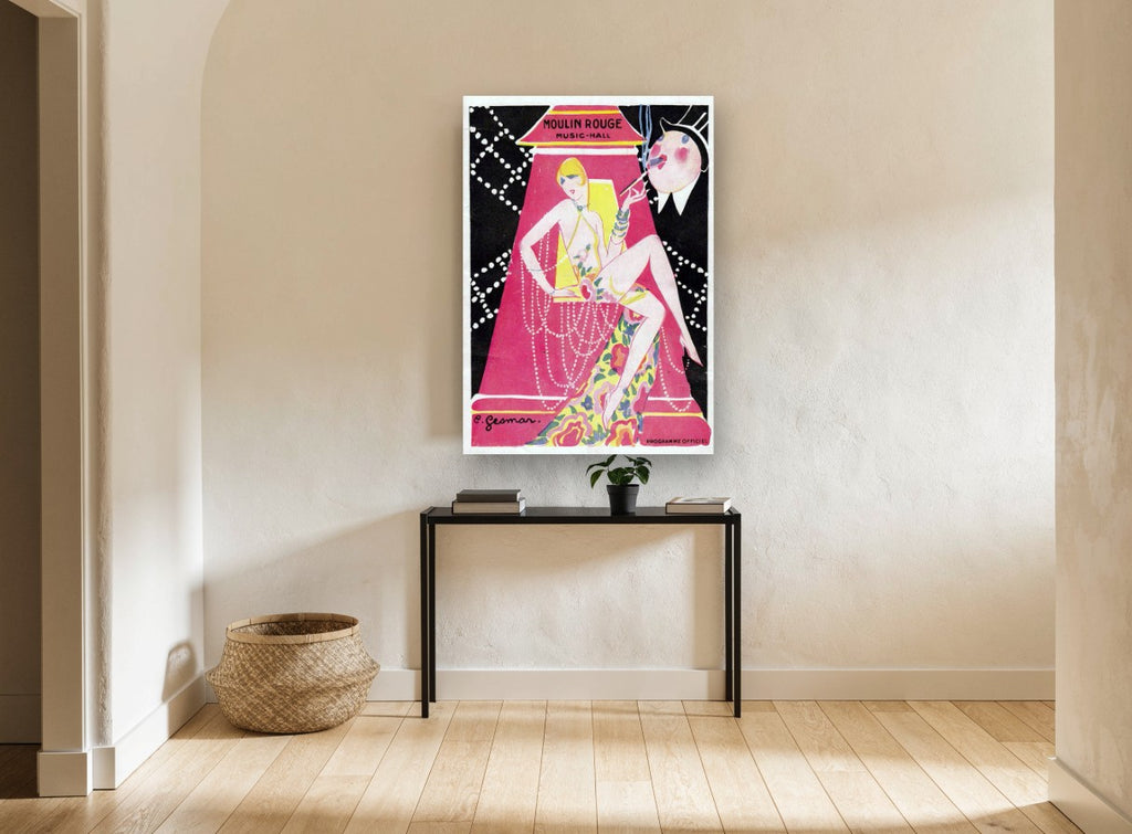 Pink Lamp Showgirl vintage canvas print on the wall of a hallway