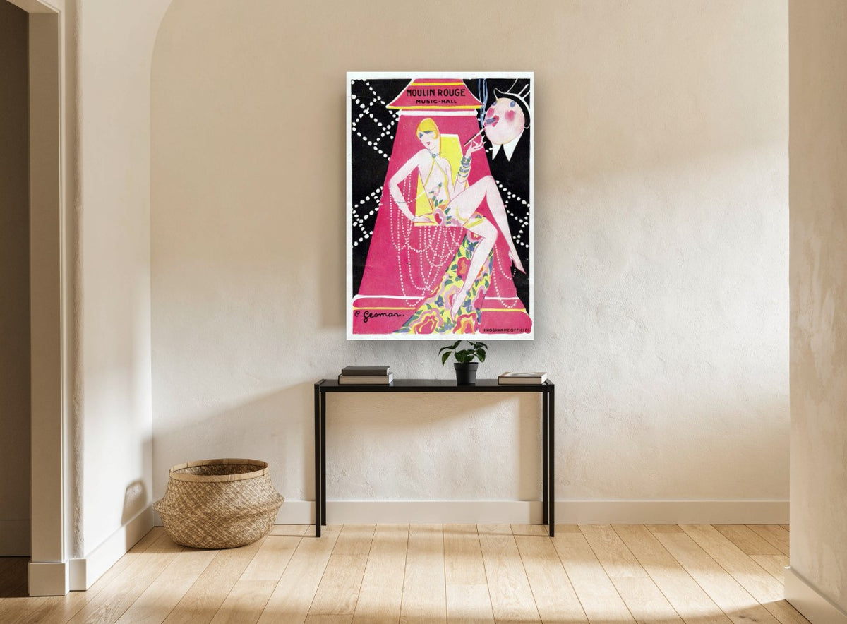Pink Lamp Showgirl vintage canvas print on the wall of a hallway