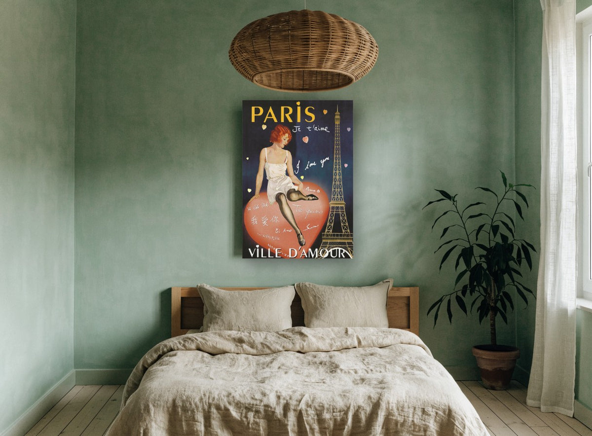 Paris City of Love vintage canvas print on the wall of a bedroom