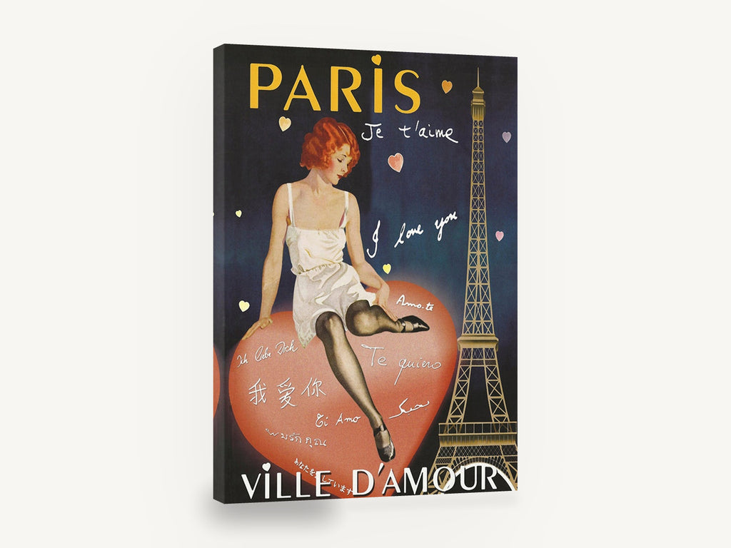 Paris City of Love, vintage paris eiffel tower love poster, stretched canvas wall art print ready to hang