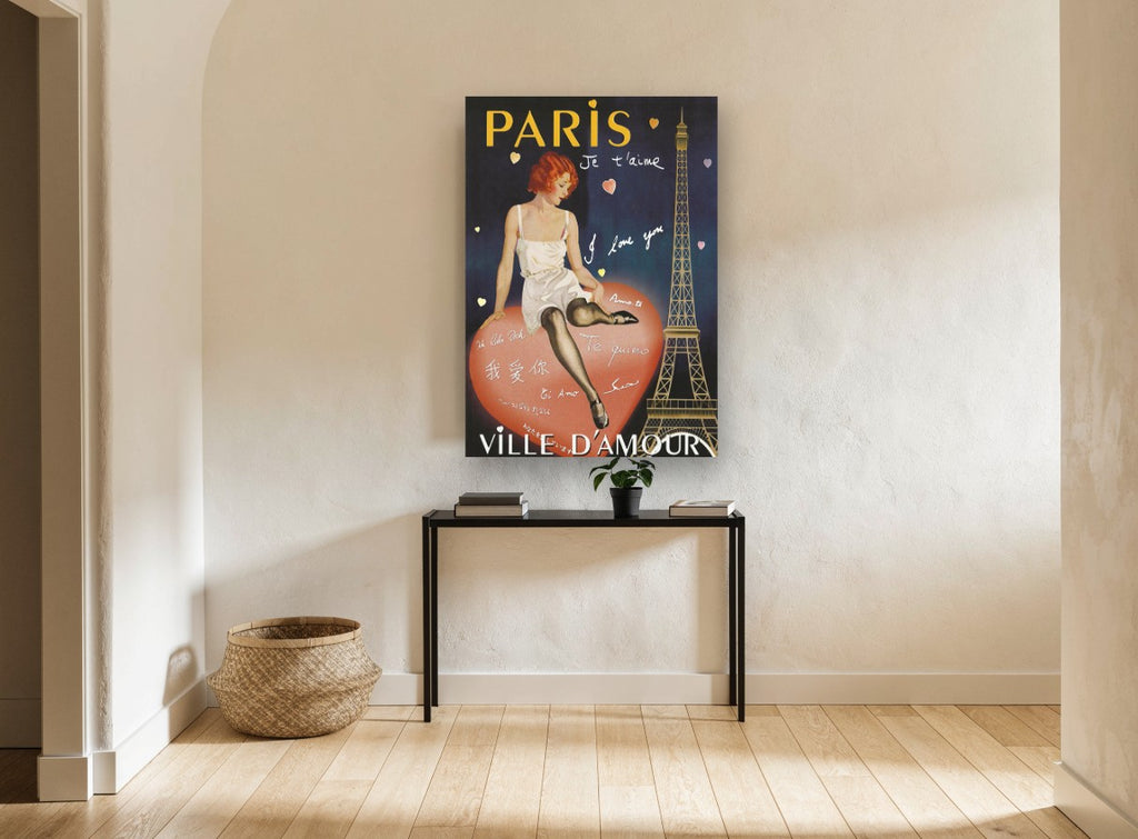 Paris City of Love vintage canvas print on the wall of a hallway