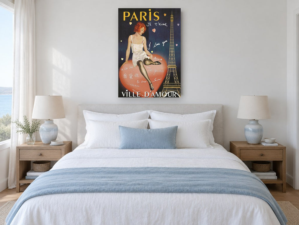 Paris City of Love vintage canvas print on the wall of a coastal bedroom