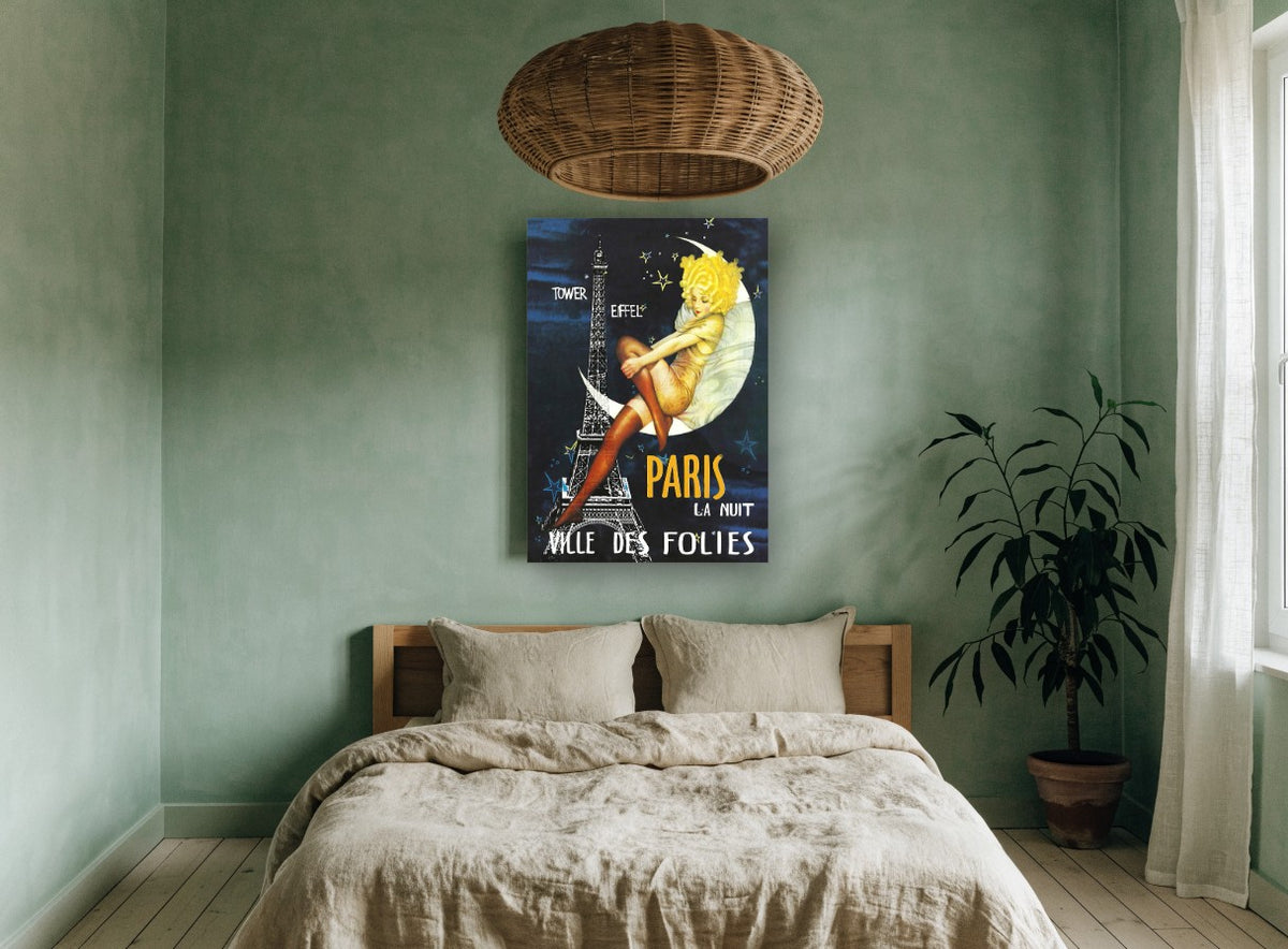 Paris Moon Night vintage canvas print on the wall of a bedroom