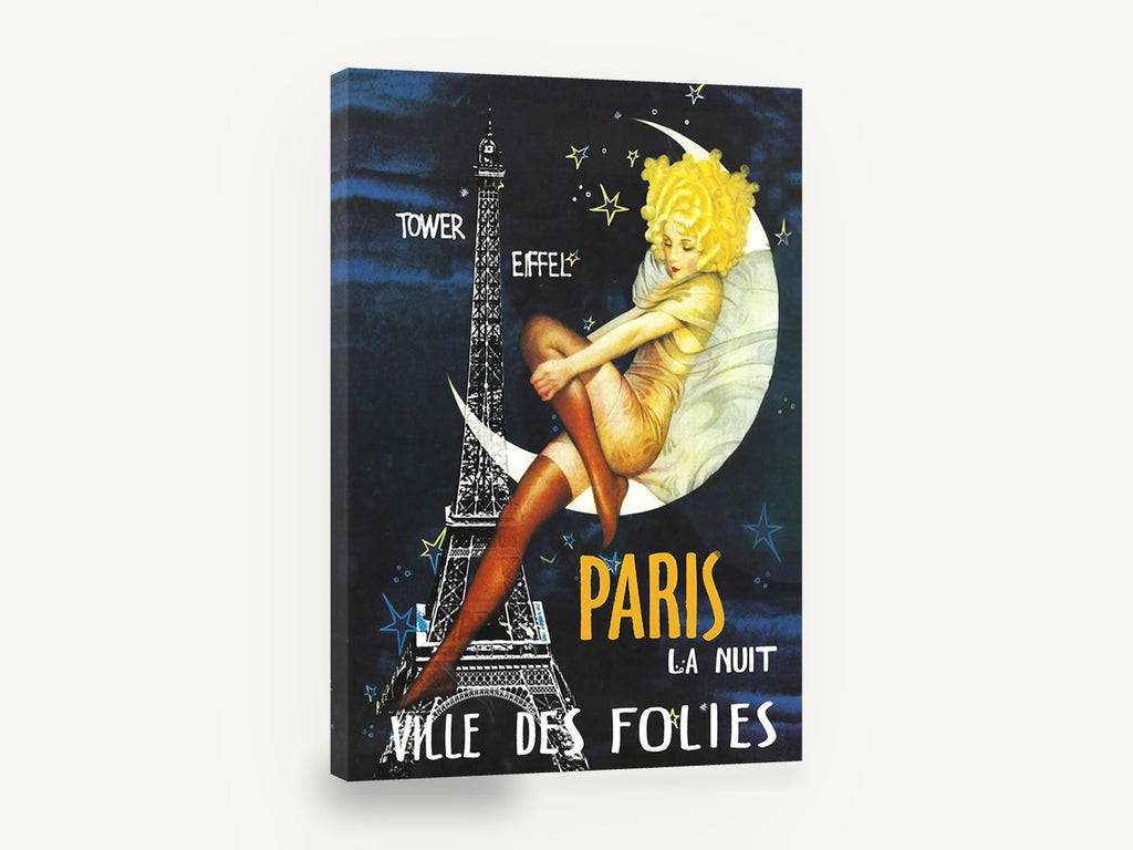 Paris Moon Night, vintage paris la nuit moon poster, stretched canvas wall art print ready to hang