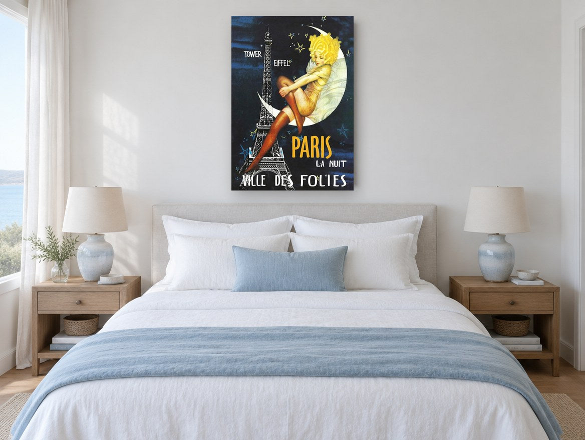 Paris Moon Night vintage canvas print on the wall of a coastal bedroom