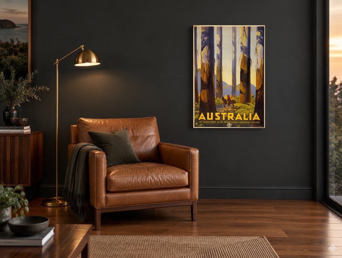 Marysville Tall Trees vintage canvas print on the wall of a charcoal living room