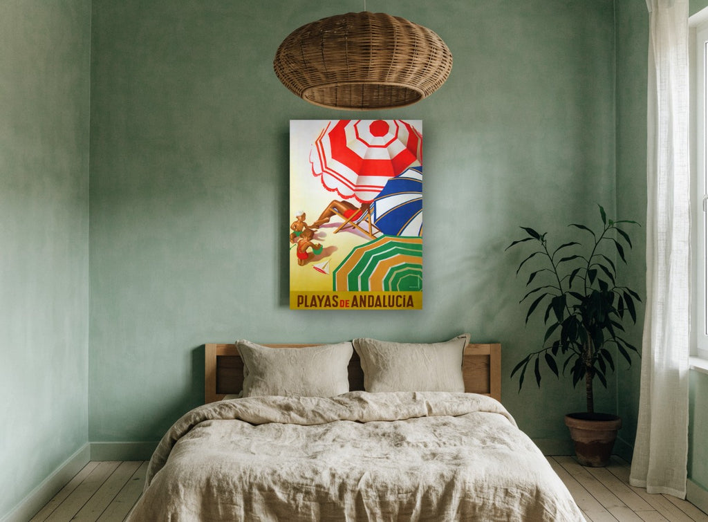 Andalucia Beach Umbrellas vintage canvas print on the wall of a bedroom