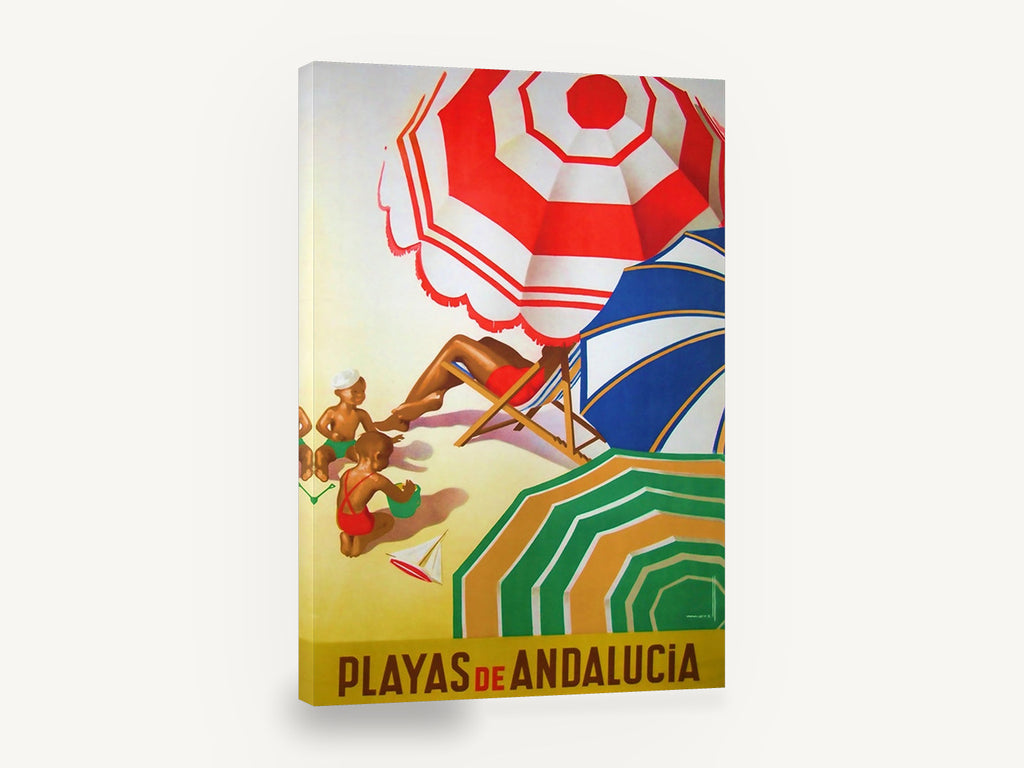Andalucia Beach Umbrellas, vintage playas de andalucia beach poster, stretched canvas wall art print ready to hang