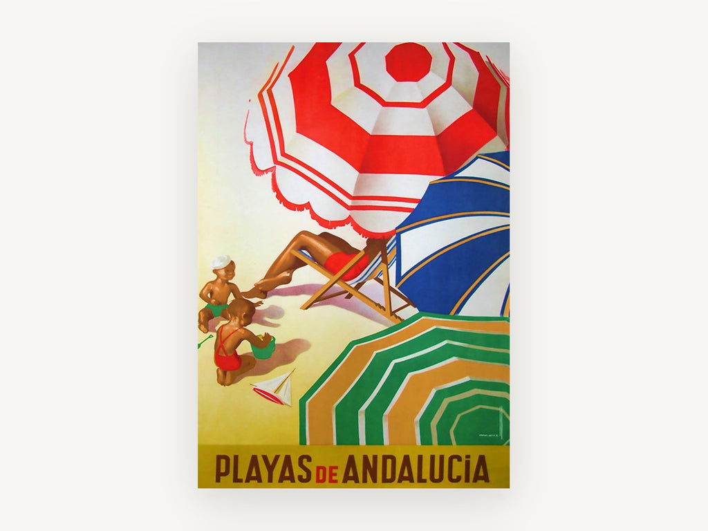 Andalucia Beach Umbrellas, vintage canvas wall art print, front view