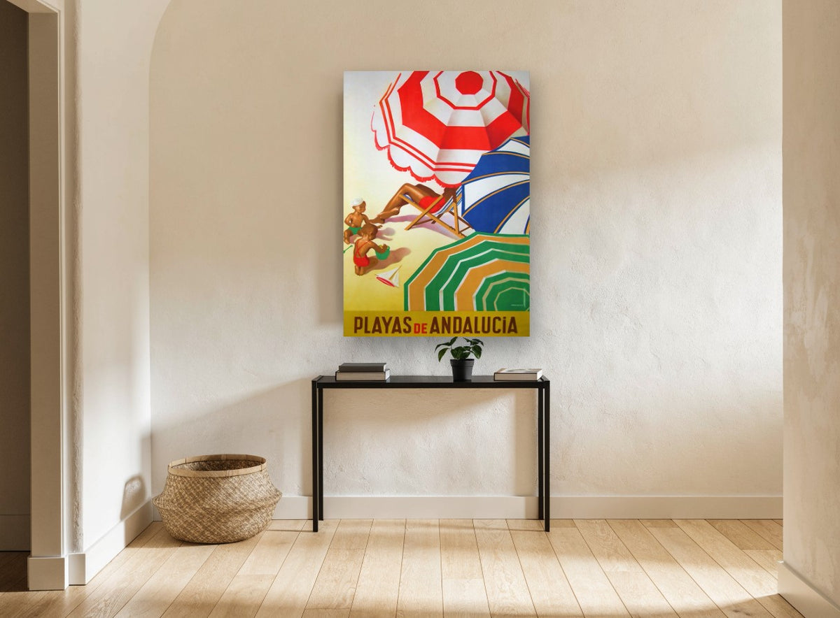 Andalucia Beach Umbrellas vintage canvas print on the wall of a hallway