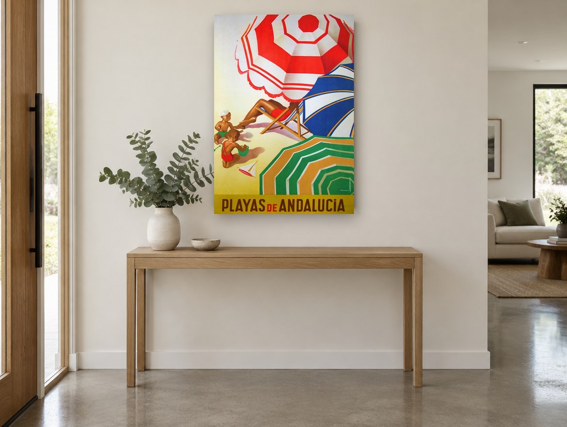 Andalucia Beach Umbrellas vintage canvas print on the wall of a entry hall