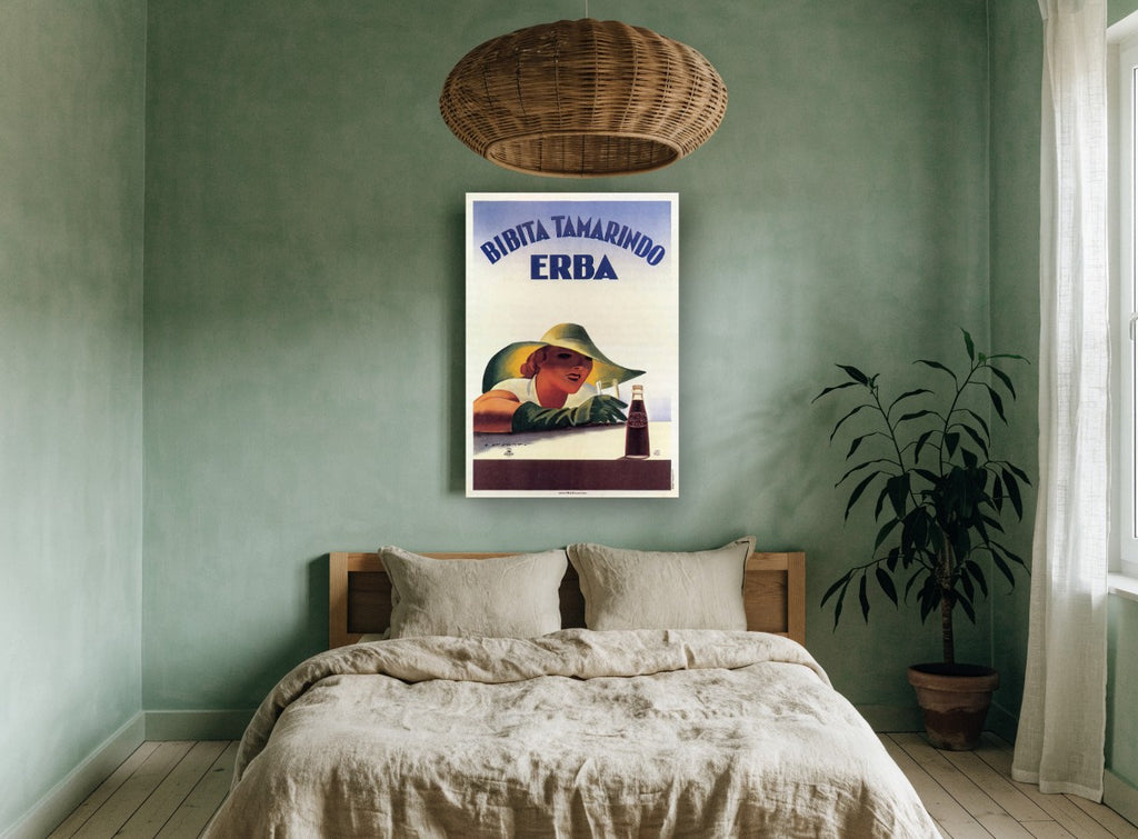 Tamarindo Lady in Green Hat vintage canvas print on the wall of a bedroom