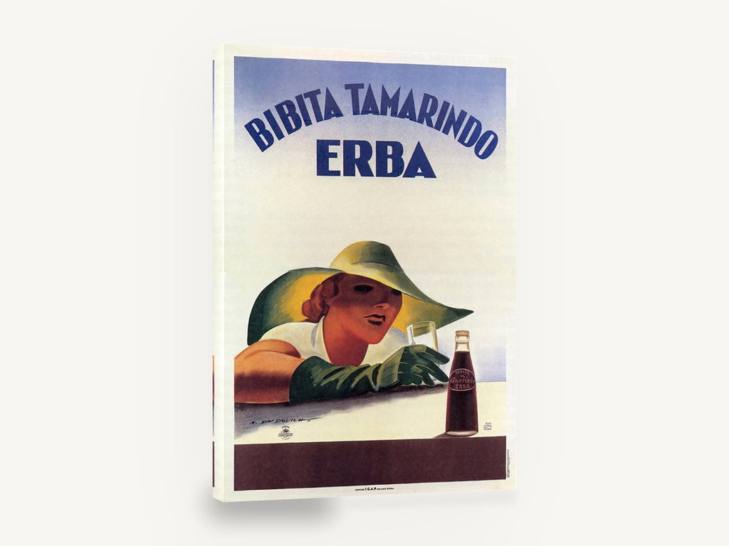 Tamarindo Lady in Green Hat, vintage italian tamarindo drink poster, stretched canvas wall art print ready to hang