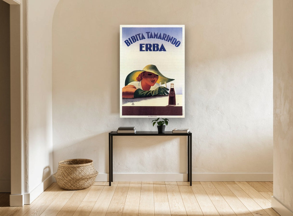 Tamarindo Lady in Green Hat vintage canvas print on the wall of a hallway