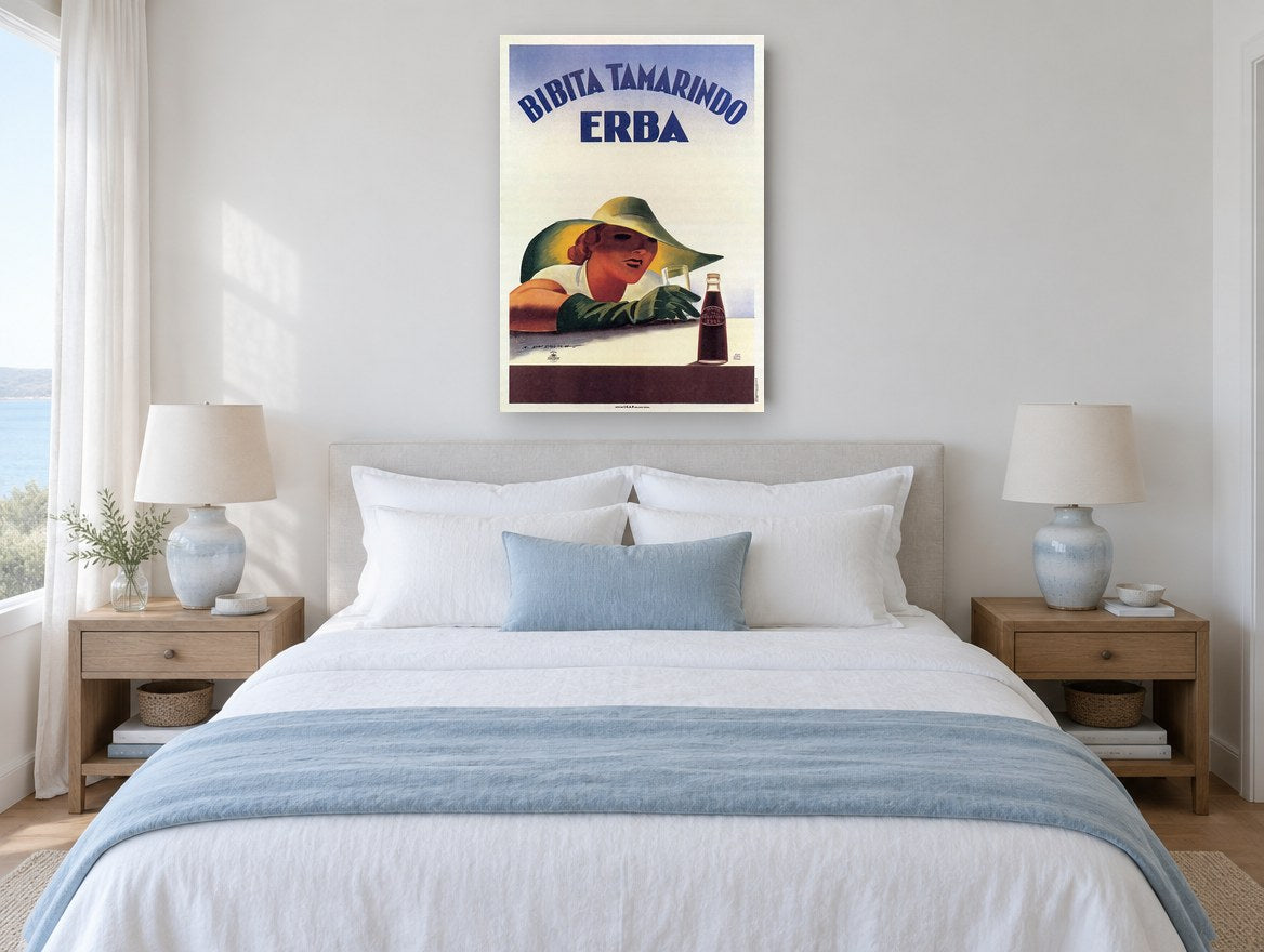 Tamarindo Lady in Green Hat vintage canvas print on the wall of a coastal bedroom
