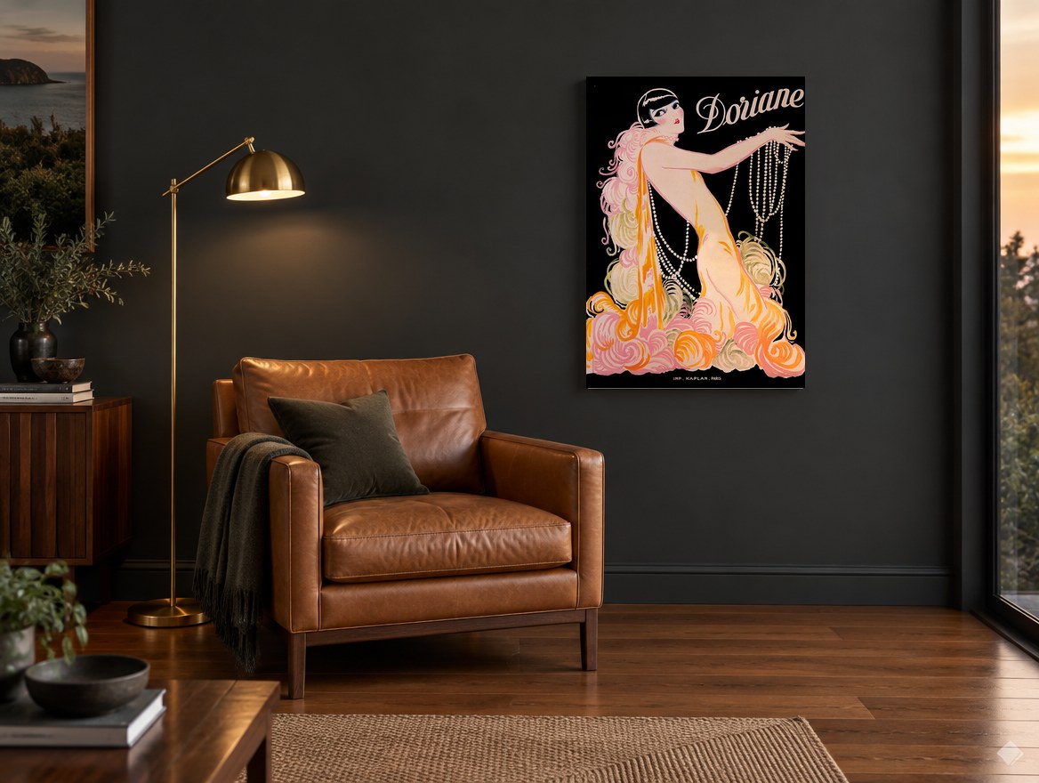 Doriane in Pearls vintage canvas print on the wall of a charcoal living room