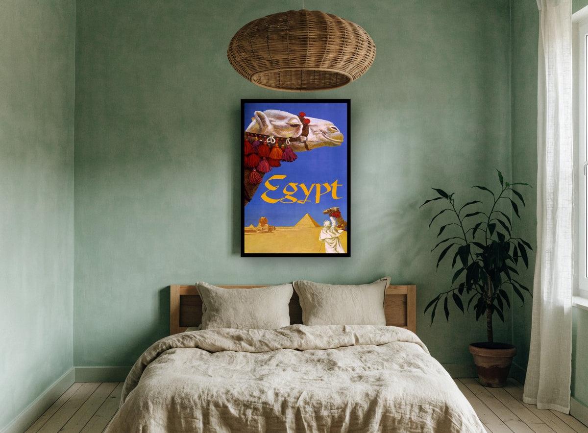 Egypt Camel and Pyramid vintage canvas print on the wall of a bedroom