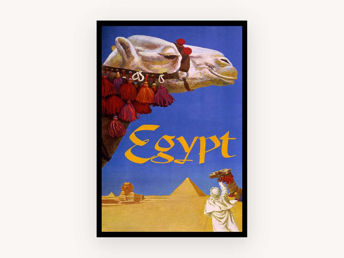 Egypt Camel and Pyramid, vintage canvas wall art print, front view