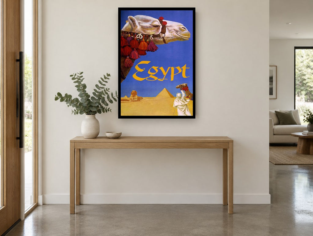 Egypt Camel and Pyramid vintage canvas print on the wall of a entry hall