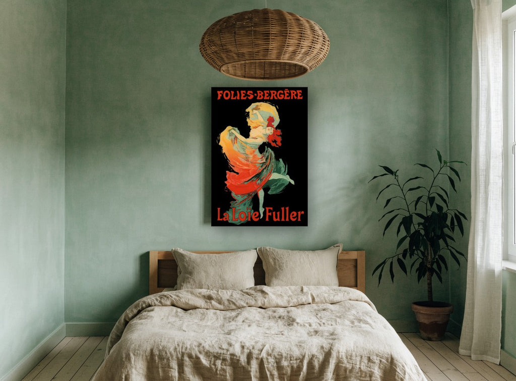 Folies-Bergère Dancer in Flame vintage canvas print on the wall of a bedroom