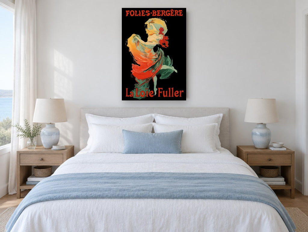 Folies-Bergère Dancer in Flame vintage canvas print on the wall of a coastal bedroom