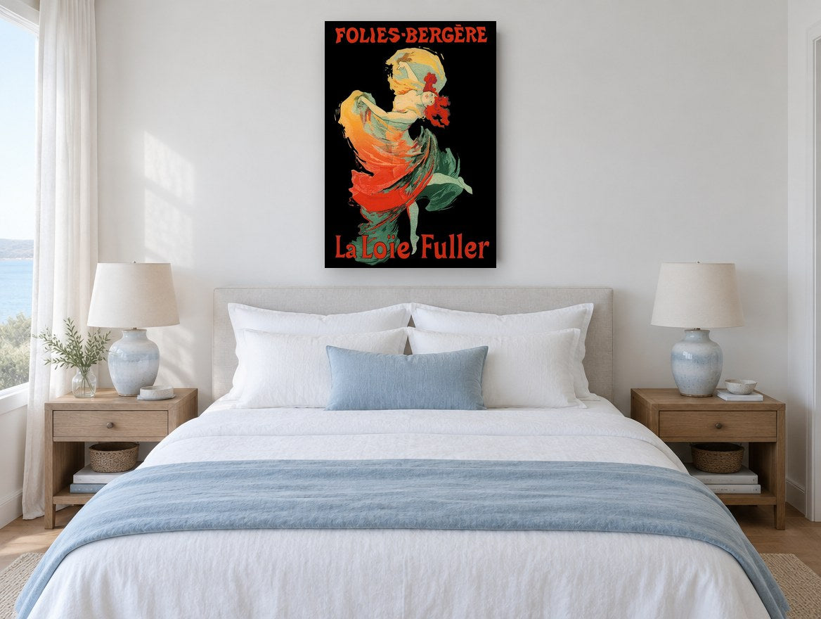 Folies-Bergère Dancer in Flame vintage canvas print on the wall of a coastal bedroom