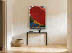 Graubünden Red Parasol vintage canvas print on the wall of a hallway