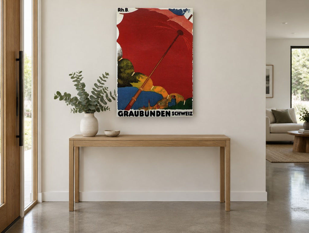 Graubünden Red Parasol vintage canvas print on the wall of a entry hall