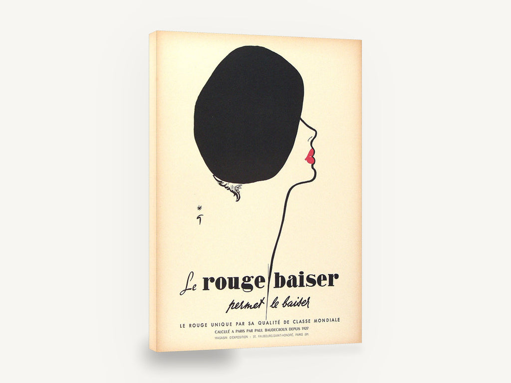 Le Rouge Baiser, vintage rouge baiser lipstick advertisement, stretched canvas wall art print ready to hang