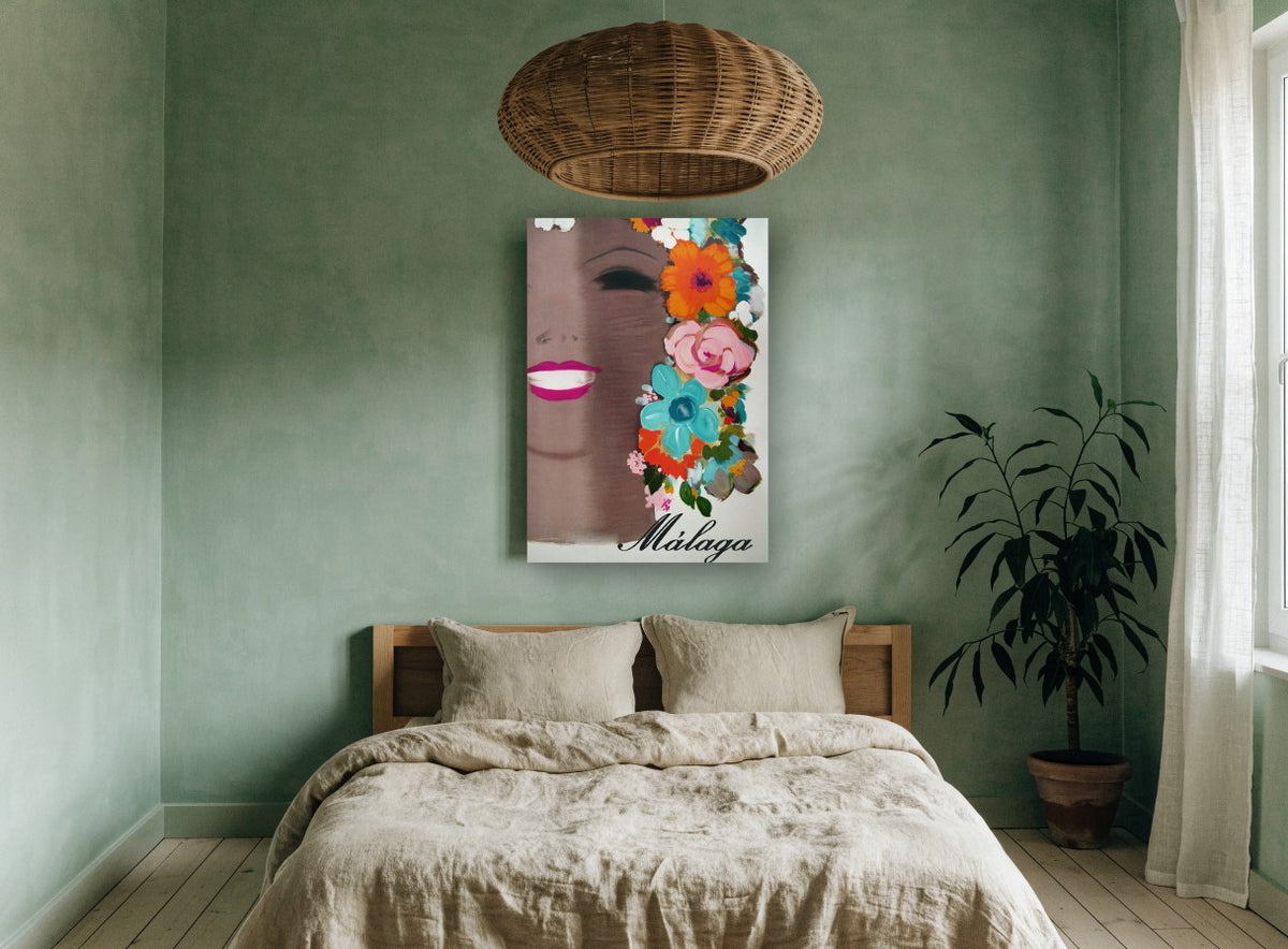 Málaga in Bloom vintage canvas print on the wall of a bedroom