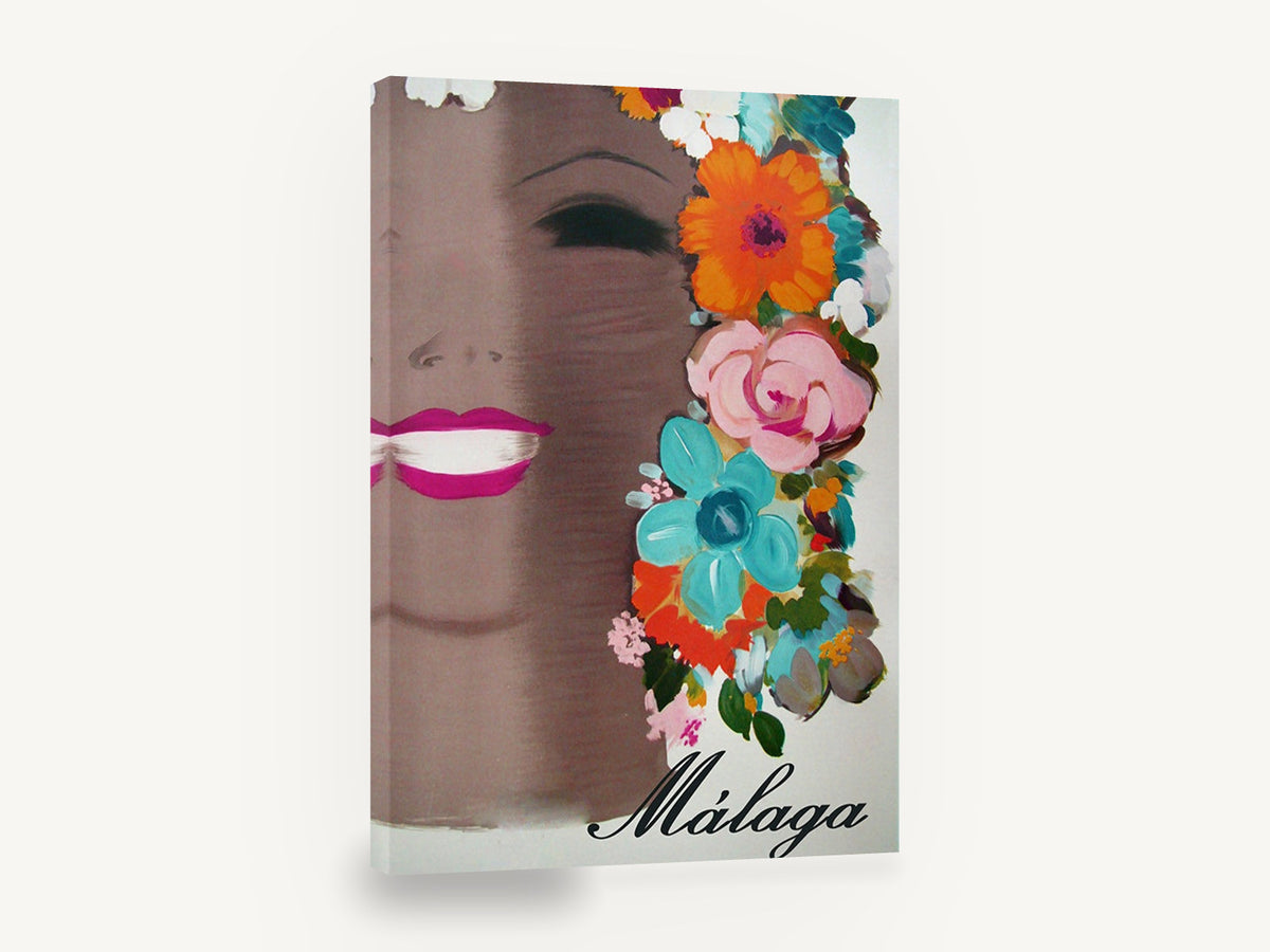 Málaga in Bloom, retro málaga spain travel poster, stretched canvas wall art print ready to hang