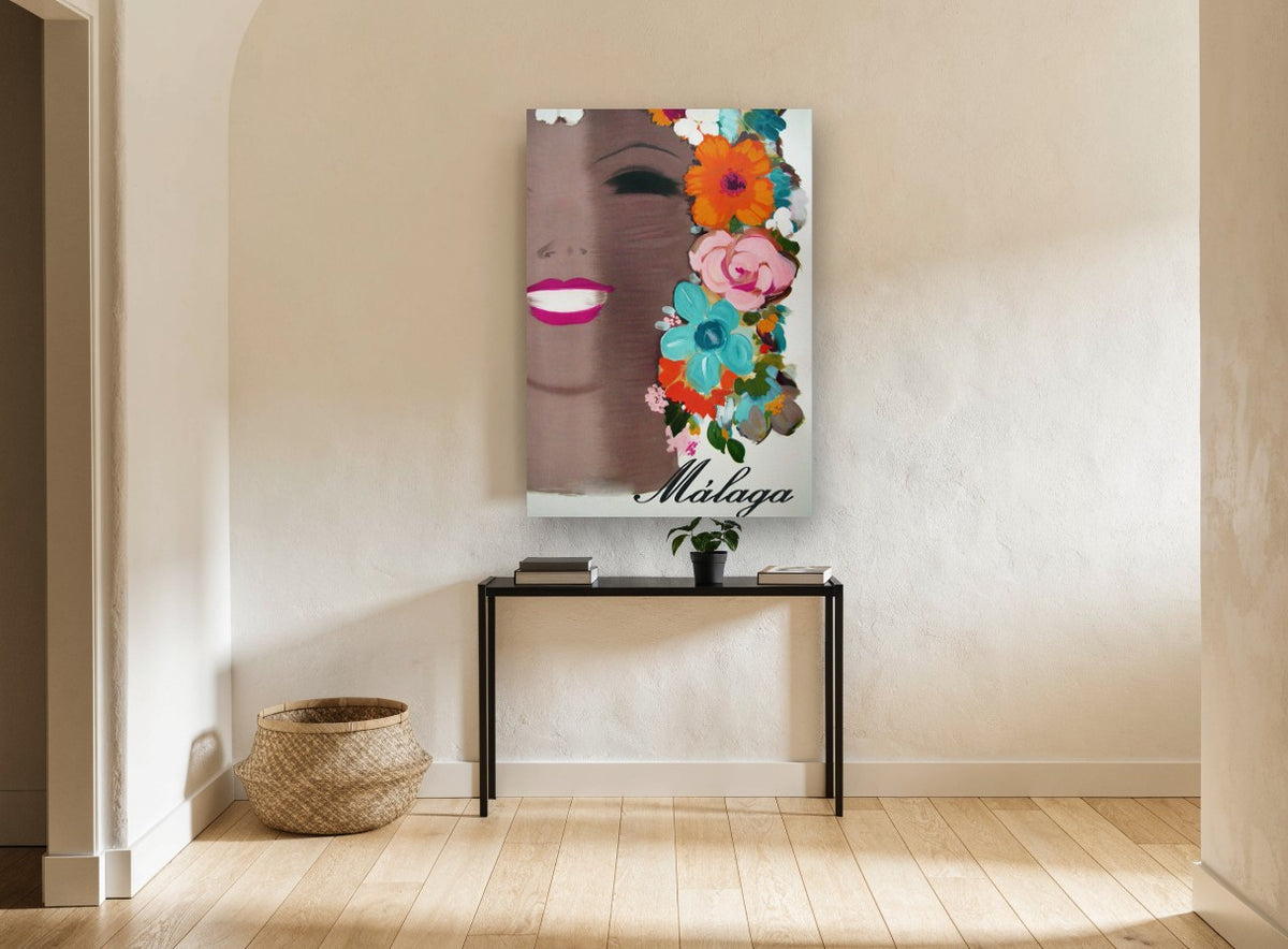 Málaga in Bloom vintage canvas print on the wall of a hallway