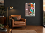 Málaga in Bloom vintage canvas print on the wall of a charcoal living room