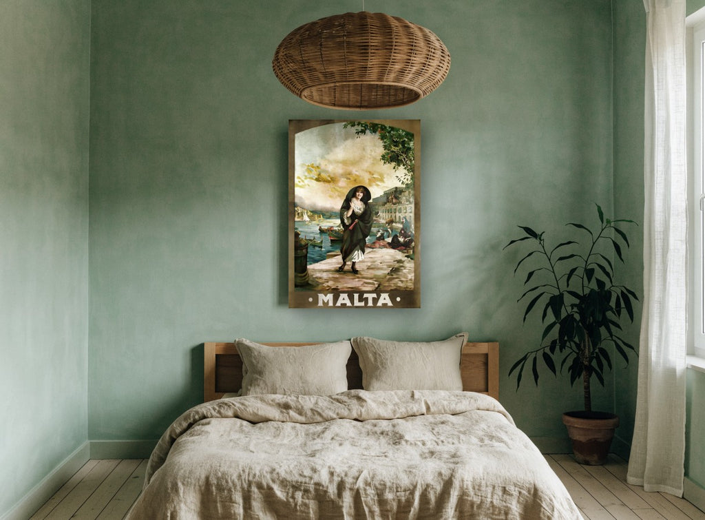 Malta Quayside Walk vintage canvas print on the wall of a bedroom