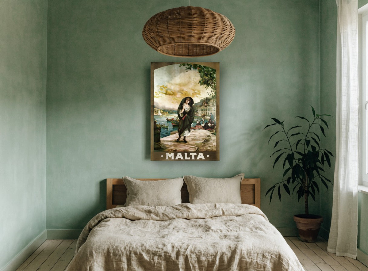 Malta Quayside Walk vintage canvas print on the wall of a bedroom