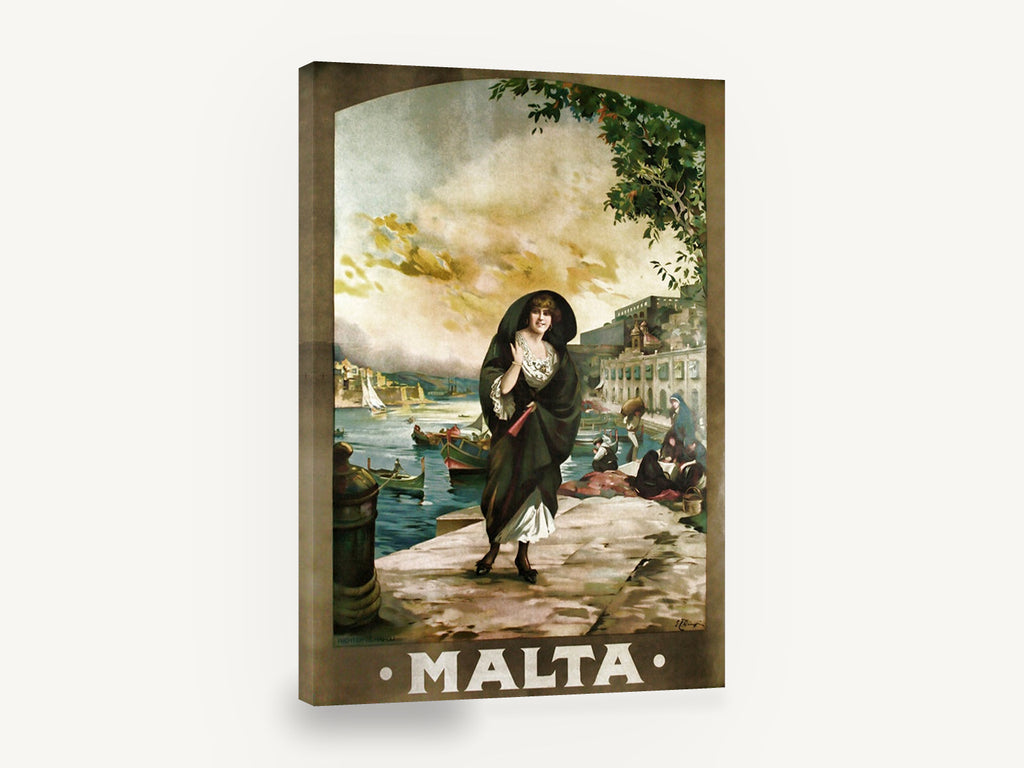 Malta Quayside Walk, vintage malta harbour travel poster, stretched canvas wall art print ready to hang