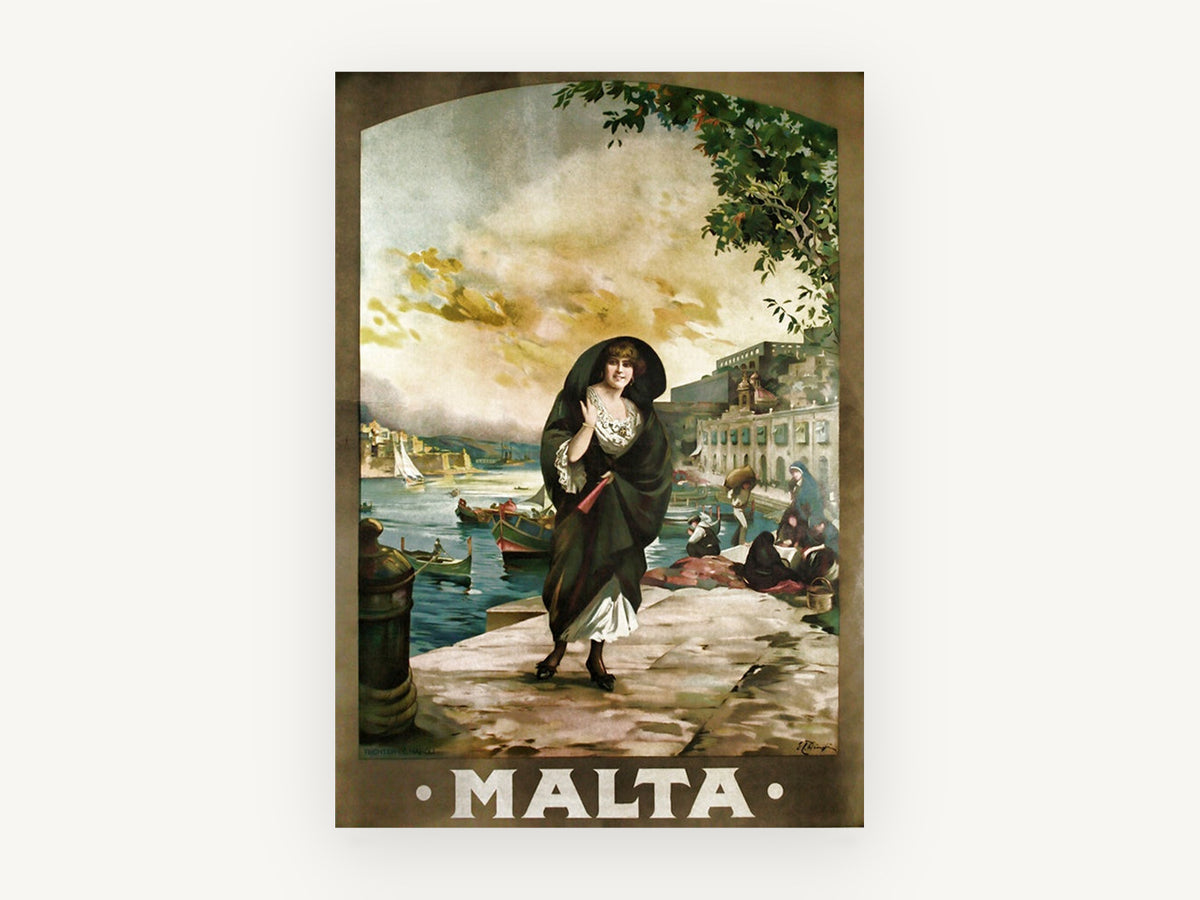 Malta Quayside Walk, vintage canvas wall art print, front view