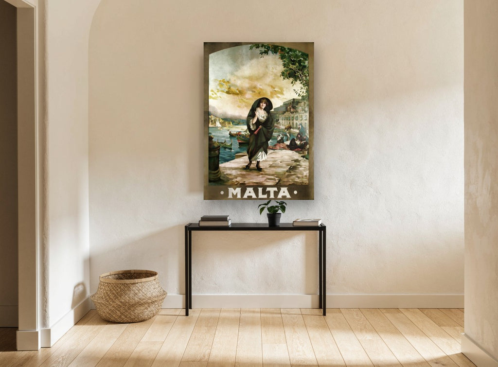 Malta Quayside Walk vintage canvas print on the wall of a hallway