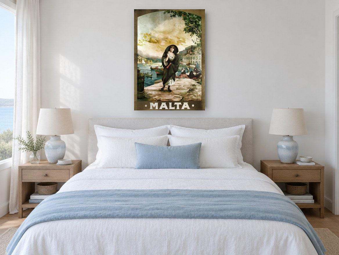 Malta Quayside Walk vintage canvas print on the wall of a coastal bedroom