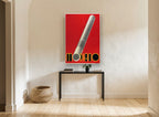 Red Modiano Cigarette vintage canvas print on the wall of a hallway
