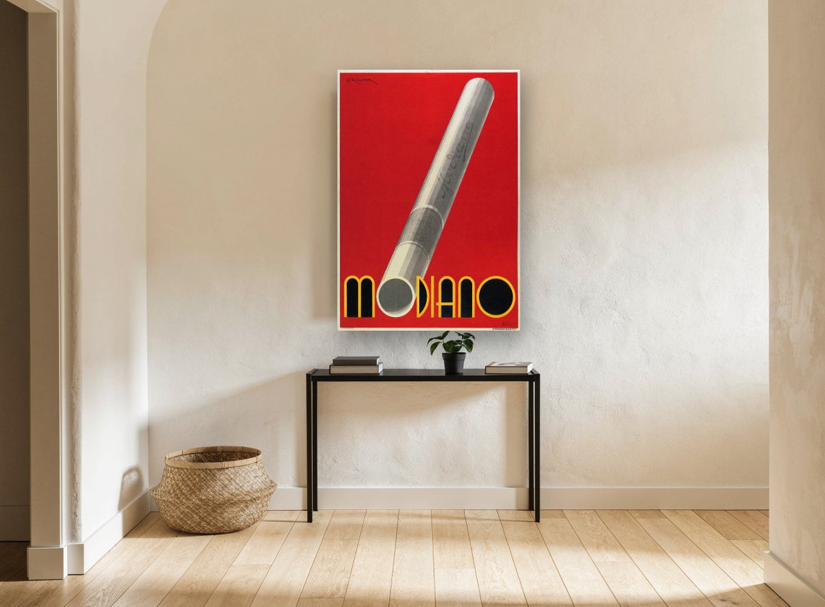 Red Modiano Cigarette vintage canvas print on the wall of a hallway