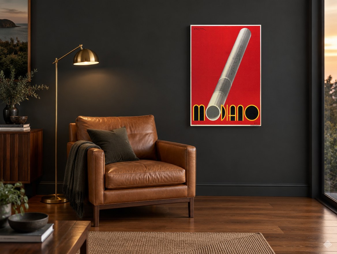Red Modiano Cigarette vintage canvas print on the wall of a charcoal living room