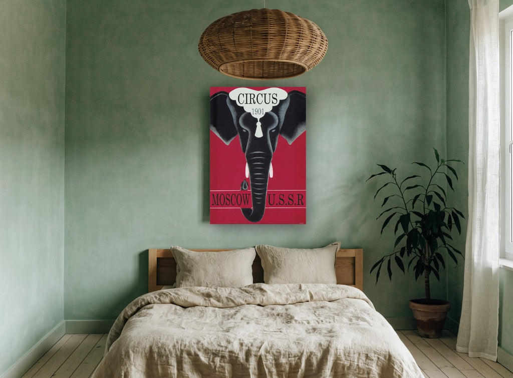 Moscow Circus Elephant vintage canvas print on the wall of a bedroom