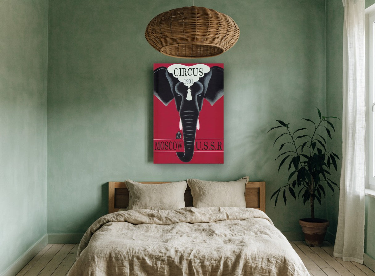 Moscow Circus Elephant vintage canvas print on the wall of a bedroom