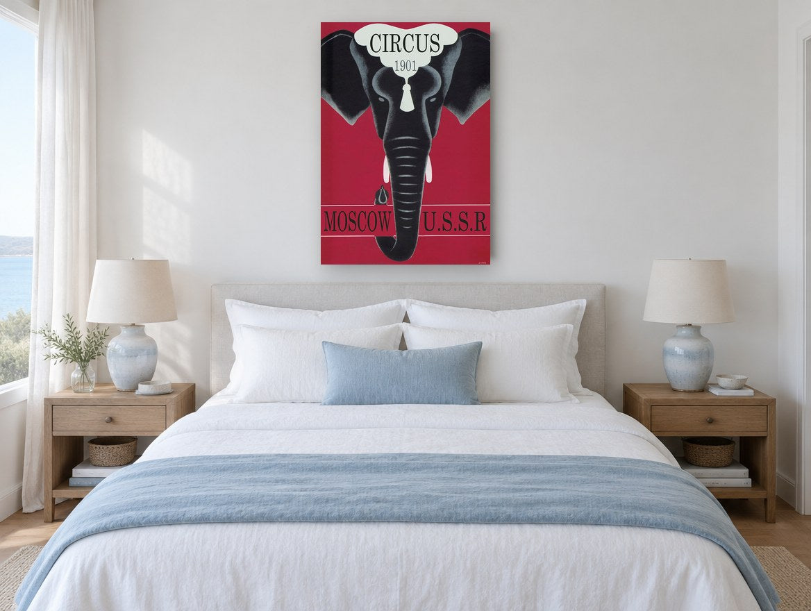 Moscow Circus Elephant vintage canvas print on the wall of a coastal bedroom