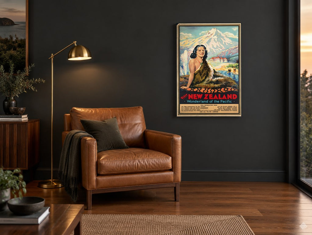 Wonderland of the Pacific vintage canvas print on the wall of a charcoal living room